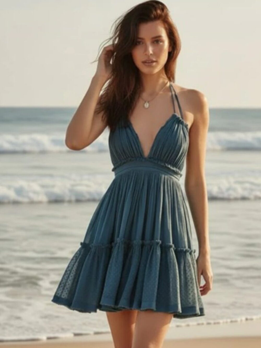 R Vivimos Blue Summer Halter Deep V Neck Patchwork Mini Dress Sz M